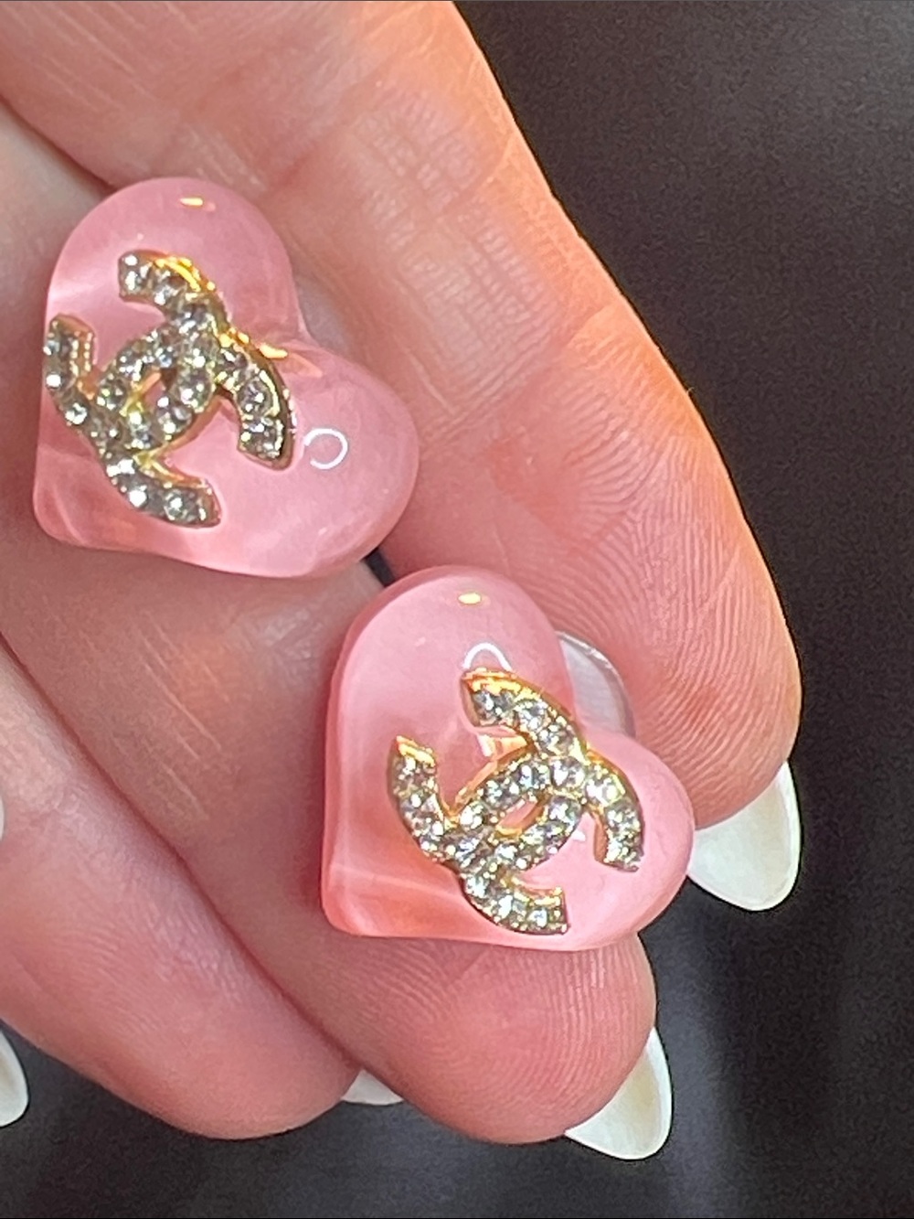 Chanel Pink Heart Crystal CC Stud Earrings